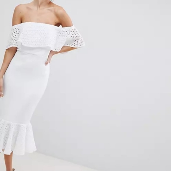NWT ASOS Design White Scuba Eyelet Off Shoulder Broderie Trim Pephem Midi Dress - Picture 2 of 8